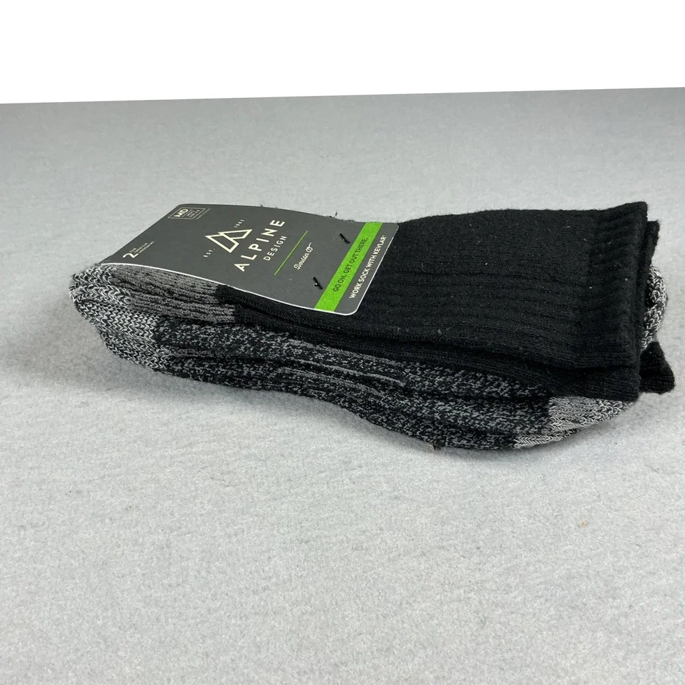 Alpine Design Kevlar Work Socks 2 Pair Crew Medium Weight Men's MD Blk Gray NWT‎